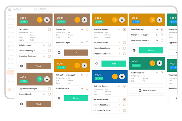 sellosoft coffee shop kitchen order management interface showing multiple active orders with details like items, quantities, temperatures, sizes, and statuses.